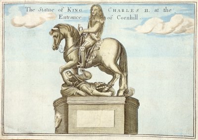 Statue von König Karl II. am Eingang von Cornhill, aus Ein Buch der Aussichten der bemerkenswerten Orte in und um die Stadt London, ca. 1700 von Robert Morden